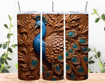 3D Engraved Leather Peacock 20 oz Skinny Tumbler Sublimation Design, Straight And Tapered Tumbler Wrap, Instant Digital Download PNG