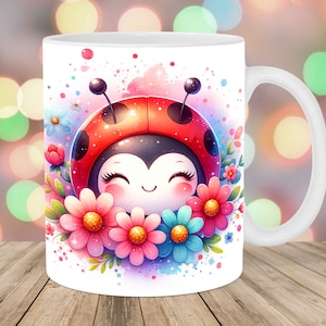 Cute Ladybug Mug Wrap, 11oz And 15oz Mug Template, Mug Sublimation Design, Colorful Flowers Mug Wrap Template, Instant Digital Download PNG