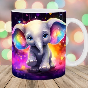 Colorful Neon Baby Elephant Mug Wrap, 11oz And 15oz Mug Template, Mug Sublimation Design, Mug Wrap Template, Instant Digital Download PNG