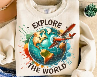 Explore The World Png, Sublimation Design, Plane Png, Globe Png, Travel Png, Vacation Png, T-Shirt Design, Instant Digital Download Png, DTF
