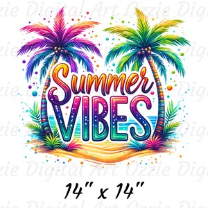 Peut inclure: Une conception graphique color&eacute;e repr&eacute;sentant deux palmiers avec des troncs et des feuilles aux couleurs de l'arc-en-ciel. Le texte "Summer Vibes" est &eacute;crit dans une police de caract&egrave;res d&eacute;grad&eacute;e arc-en-ciel. La conception est plac&eacute;e sur un fond blanc avec une sc&egrave;ne de plage en bas. La conception mesure 14 pouces par 14 pouces.