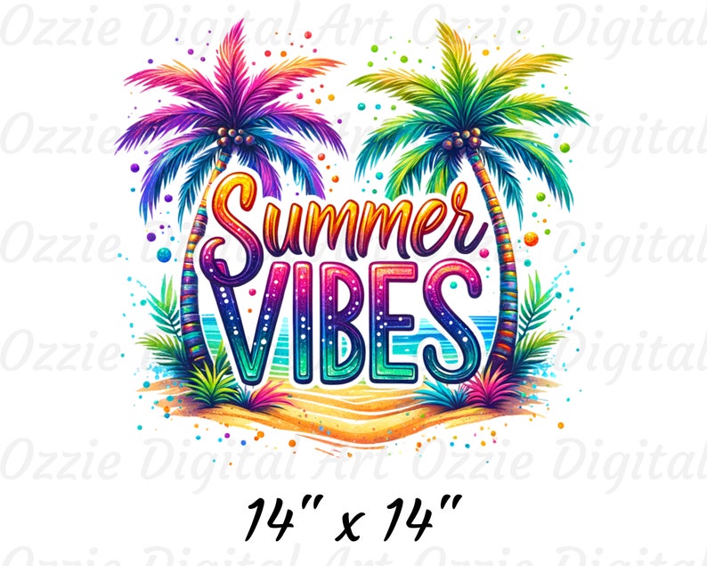 Peut inclure: Une conception graphique color&eacute;e repr&eacute;sentant deux palmiers avec des troncs et des feuilles aux couleurs de l'arc-en-ciel. Le texte "Summer Vibes" est &eacute;crit dans une police de caract&egrave;res d&eacute;grad&eacute;e arc-en-ciel. La conception est plac&eacute;e sur un fond blanc avec une sc&egrave;ne de plage en bas. La conception mesure 14 pouces par 14 pouces.