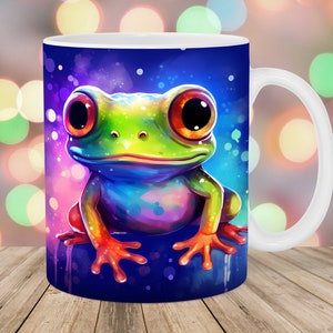 Colorful Neon Frog Mug Wrap, 11oz & 15oz Mug Template, Mug Sublimation Design, Mug Wrap Template, Instant Digital Download PNG