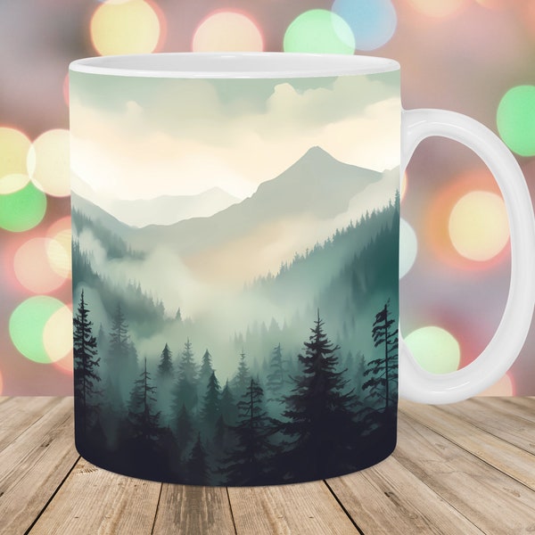 Mountain Landscape Mug Wrap, 11oz And 15oz Mug Template, Mug Sublimation Design, Mug Wrap Template, Instant Digital Download PNG