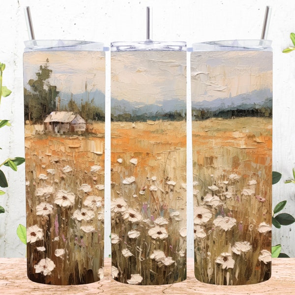 Flowers Landscape Vintage Painting 20 oz Skinny Tumbler Sublimation Design, Straight And Tapered Tumbler Wrap, Instant Digital Download PNG