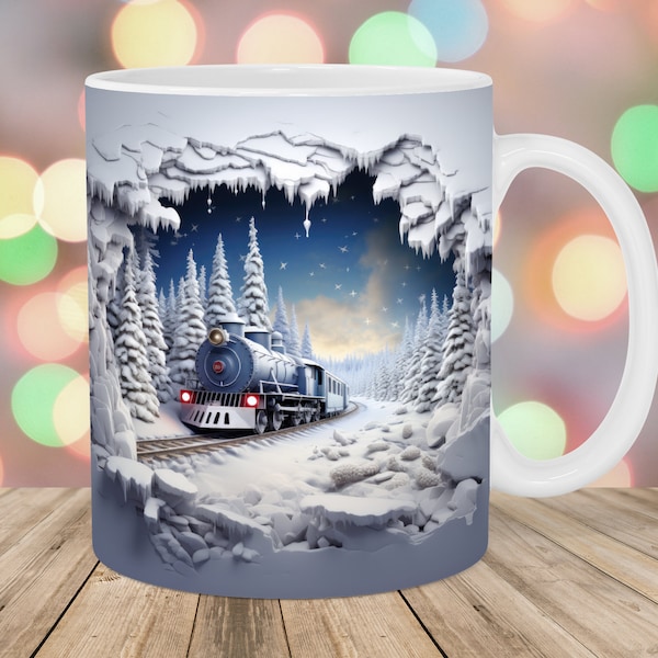 Emballage de tasse de train de Noël 3D, modèle de tasse de 11 oz et de 15 oz, conception de sublimation de tasse, trou dans un modèle de tasse de mur, téléchargement numérique instantané PNG