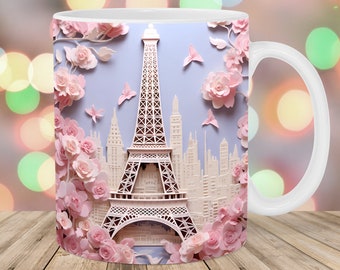 3D Eiffel Tower Pink Roses Mug Wrap, 11oz And 15oz Mug Template, Mug Sublimation Design, Mug Wrap Template, Instant Digital Download PNG