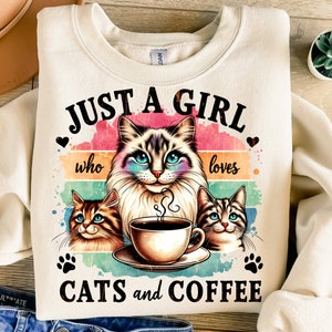 Just A Girl Who Loves Cats And Coffee Png, Sublimation Design, Coffee Png, Cat Lover Png, Retro Png, T-Shirt Design, Instant Download Png