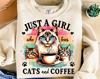 Just A Girl Who Loves Cats And Coffee Png, Sublimation Design, Coffee Png, Cat Lover Png, Retro Png, T-Shirt Design, Instant Download Png