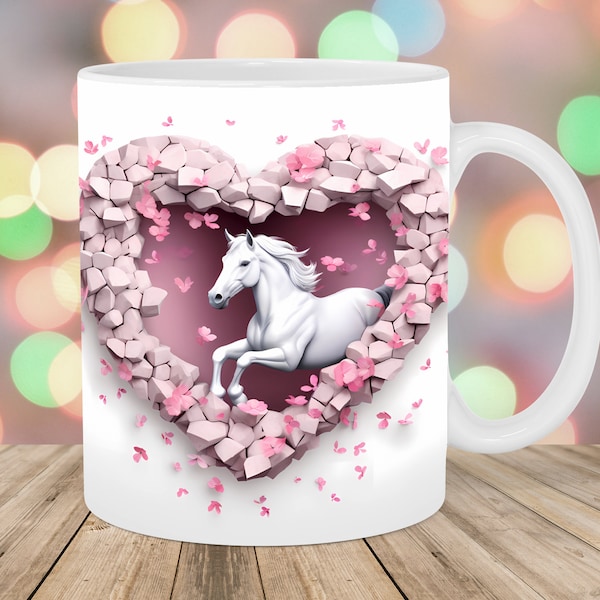 Emballage de tasse cheval 3D, modèle de tasse 11 oz et 15 oz, design en sublimation de tasse murale trouée, modèle de tasse coeur fleur, téléchargement numérique instantané PNG