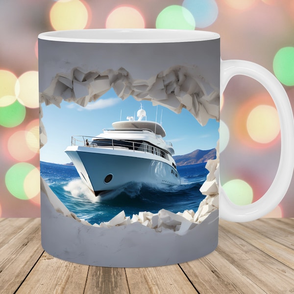 3D Yacht Hole In A Wall Mug Wrap, 11oz & 15oz Mug Template, Mug Sublimation Design, Ocean Mug Wrap Template, Instant Digital Download PNG