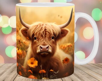Envoltura de taza de vaca Highland, plantilla de taza de 11 oz y 15 oz, diseño de sublimación de taza, plantilla de envoltura de taza de flores, descarga digital instantánea PNG