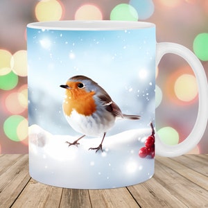 3D Robin Bird Mug Wrap, 11oz & 15oz Mug Template, Snow Mug Sublimation Design, Winter Mug Wrap Template, Instant Digital Download PNG