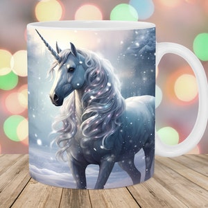 Winter-Einhorn-Becher-Verpackung, 11 Unze und 15 Unze Becher-Vorlage, Becher Sublimationsdesign, Schnee Becher-Verpackungsvorlage, sofortiger digitaler Download PNG