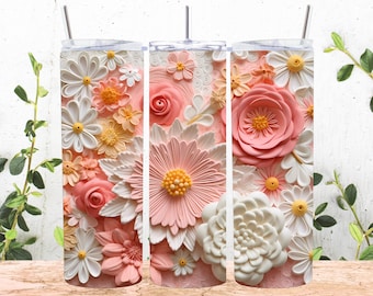 3D White Pink Flowers 20 oz Skinny Tumbler Sublimation Design, Straight & Tapered Tumbler Wrap, Instant Digital Download PNG