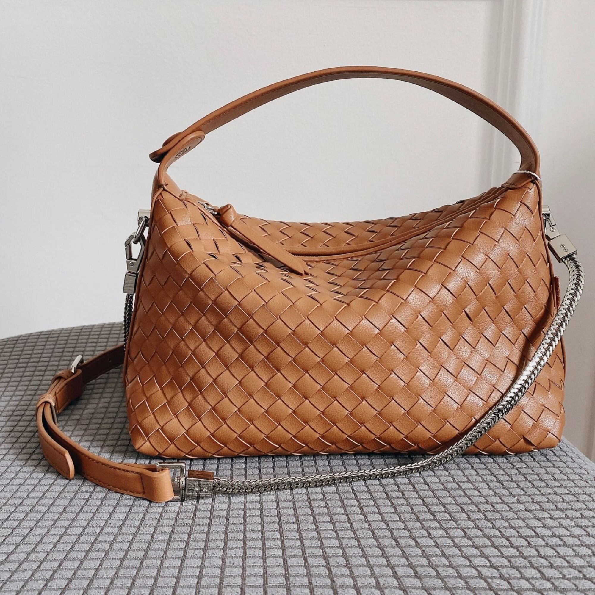  Woven Leather Hobo Bags for Women, Handmade Weaving Purse (L,  Khaki) : Handmade Products