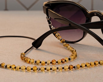 Chaîne de lunettes en ambre Porte-lunettes fait main Ambre de la Baltique Bracelet de lunettes de soleil en perles Lanière pour lunettes en pierre naturelle Accessoire de mode Pierres précieuses