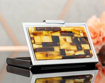 Business Card Case with Amber Mosaic: Elegant Baltic Amber Embellishment, Unique, Stylish Accessory, Perfect for Boss Day Gift