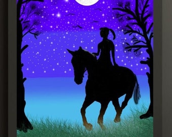 Art mural fille à cheval, art mural de nuit, peinture de la pleine lune, art mural violet nuit, art mural nuit étoilée