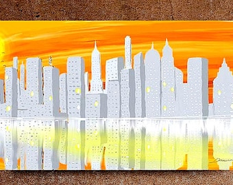 City scape painting city reflection wall art city at dusk wall art setting sun wall art