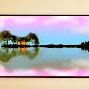 May include: A digital painting of a sunset over a lake with trees reflected in the water. The sky is a gradient of pink, blue, and yellow. The trees are silhouetted against the sunset.