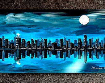 夜の街の絵画、都市の風景、壁アート、夜の街、壁の装飾