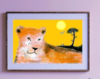 Art mural lionne Peinture portrait animalier art mural lionne Art mural animal