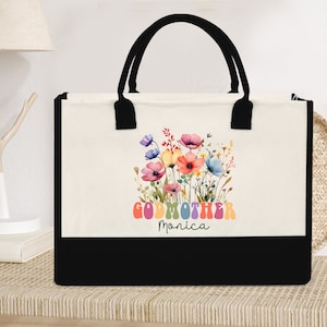 Gift for Godmother, Godmother Gift, Personalized Floral Godmother Tote Bag, Custom Godmother Tote Bag, Godmother Tote Bag, Mother&#39;s Day Gift