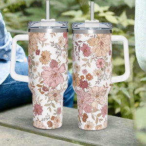 Floral Tumbler 40oz, Boho Flowers 40oz Tumbler, Spring 40oz Tumbler with Lid and Straw, Minimalist Tumbler, Insulated Water Bottle