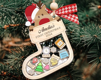 Custom Baby&#39;s First Christmas Stocking Shaker Ornament, Cute Reindeer Baby&#39;s 1st Xmas Ornament, Baby Birth Stats Ornament, New Baby Gifts