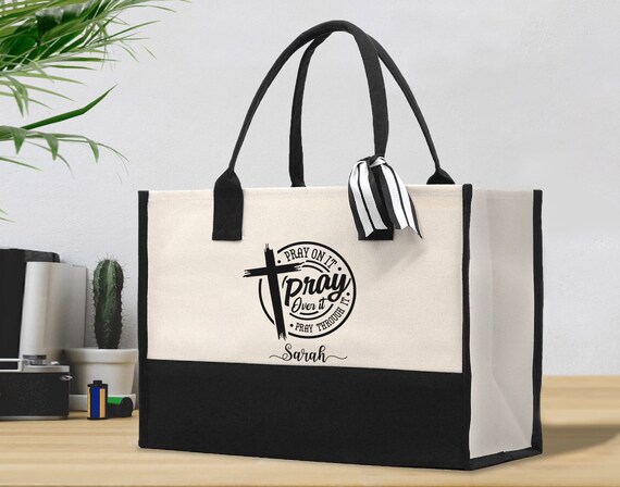 Personalized Christian Cross Tote Bag, Pray on It Pray Over