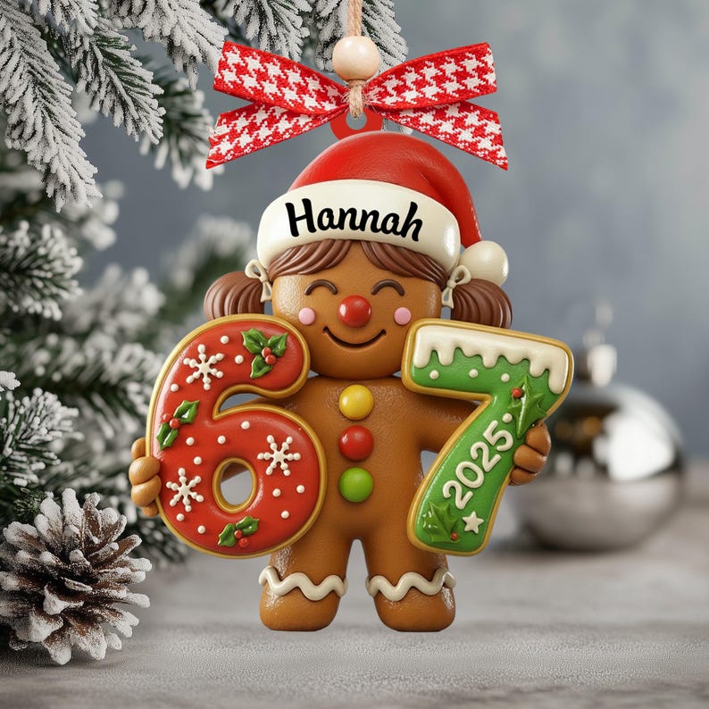 May include: A gingerbread-style Christmas ornament featuring a girl wearing a Santa hat with the name "Hannah". The ornament holds gingerbread cookies shaped as the numbers "6" and "7", with "2025" on the "7". A red and white bow tops the ornament.