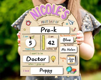 May include: Wooden sign with the text "Nicole's First Day of Pre-k." The sign includes spaces to write "I am 5 years old," "I am 42 inches tall," "My favorite color is Blue," "I want to be a Doctor," and "I love Puppy."