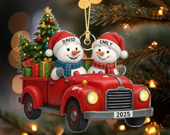 Personalized Snowman Christmas Ornament, Red Truck Christmas Ornament, Snowman Couple Ornament, Custom Name Ornament