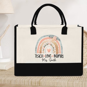 Customizable Teacher Tote Bag, Teacher Appreciation Gift, Boho Rainbow Tote Bag, Teachers Gift, Gift For Teacher, Personalized Teacher Tote