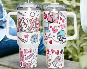 XOXO Nurse Tumbler 40oz With Handle, Valentines Day 40oz Stainless Steel Tumbler With Lid and Straw, Valentines Day Gift for XOXO Nurse
