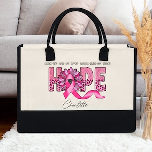 Sac fourre-tout Hope Breast Cancer, sac de sensibilisation au cancer du sein, sac de lutte contre le cancer, cadeau contre le cancer du sein ou de l’ovaire, ruban rose, sac de chimiothérapie