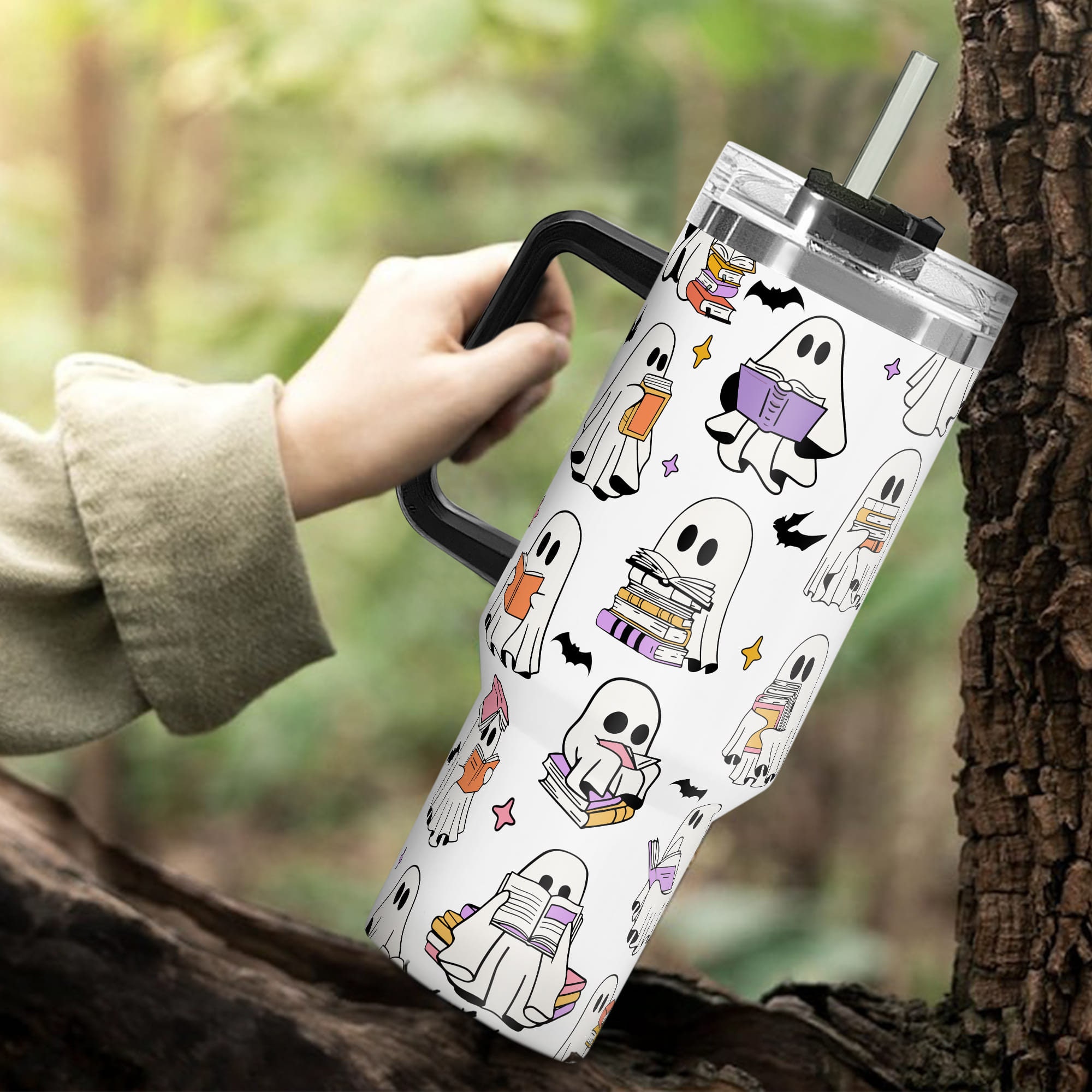 Personalized Name Ghost Reading Tumbler 40oz With Handle, Funny Halloween Ghost Tumbler, Cute Spooky Tumbler With Lid and Straw, Halloween Bookish Gift