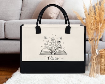 Personalized Book With Flowers Tote Bag, Custom Book Lover Tote Bag, Book Lover Gift, Custom Bookworm Gift, Reading Teacher Gift, Librarian