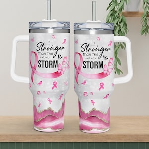 Breast Cancer Warrior Tumbler 40oz With Handle, Stronger Than The Storm 40oz Stainless Steel Tumbler With Lid and Straw, Cancer Fighter Cup