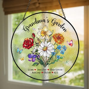 Custom Grandma&#39;s Garden Stained Glass, Personalized Birth Flower Stained Glass, Birth Month Flowers Gift, Mothers Day Gift, Gift For Grandma