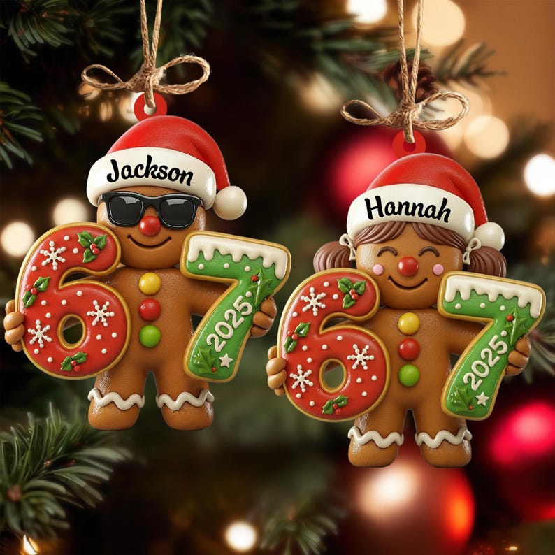 May include: Two gingerbread man Christmas ornaments. One wears sunglasses and has the name "Jackson" on its hat. The other has the name "Hannah" on its hat. Both hold the numbers "67" and "2025" in their hands. The ornaments are red, green, and brown.