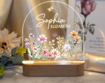 Custom Floral Butterfly Name Night Light, Birthday Gift for Her, Bedroom Bedside Light, Personalized Flower Garden Night Lamp, Nursery Decor