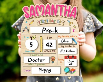 Letrero personalizado para el primer día de clases, letrero para el último día de clases, letrero con nombre personalizado, letrero de borrado en seco para el regreso a clases en preescolar, tablero para el primer día de clases