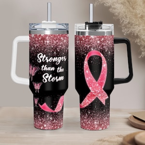 Breast Cancer Awareness Glitter Pink Tumbler 40oz With Handle, Breast Cancer Awareness 40oz Stainless Steel Tumbler With Lid and Straw