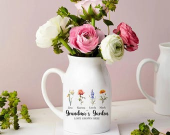 おばあちゃんのガーデン花瓶、家族の誕生花が入った花瓶、ママおばあちゃんのためのパーソナライズされたミニ花瓶、孫からの母の日の贈り物