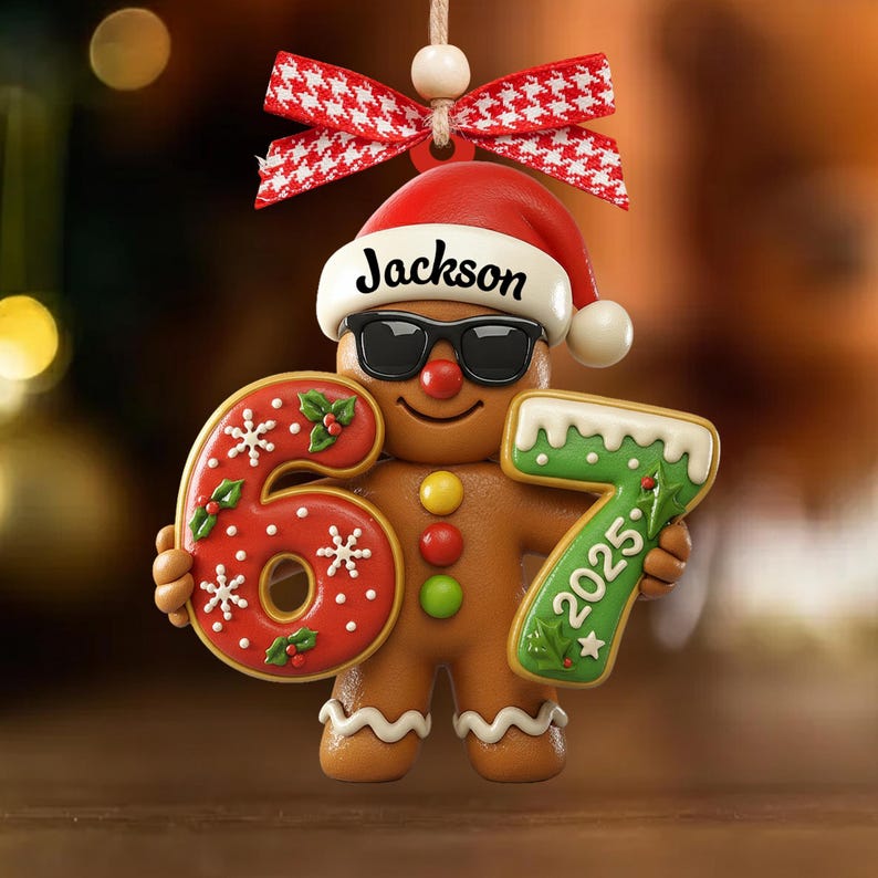 May include: A gingerbread man Christmas ornament wearing sunglasses and a Santa hat with the name "Jackson". The ornament holds the numbers "6" and "7" with the year "2025". The ornament has a red and white checkered bow.