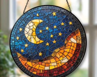 Moon and Star Stained Glass Suncatcher, Celestial Night Sky Ornament, Spiritual Home Decor, Celestial Window Decor, Crescent Moon Crystal