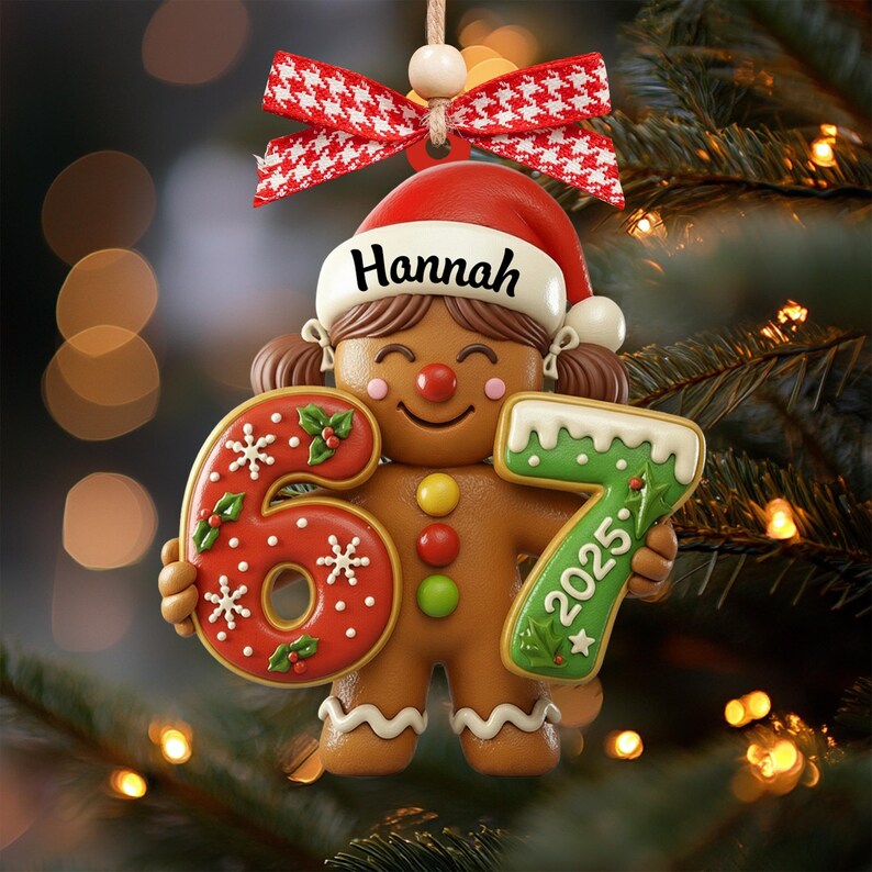 May include: A gingerbread girl Christmas ornament holding the numbers 6 and 7, with the year 2025. The ornament has a red Santa hat with the name "Hannah" and a red and white checkered bow. The numbers are decorated with white icing and holly.