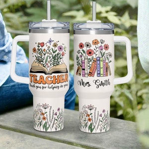 Vaso personalizado para maestros de 40 oz con asa, regalo personalizado de agradecimiento al maestro, taza para maestros de 40 oz con paja, regalos para maestros de regreso a la escuela